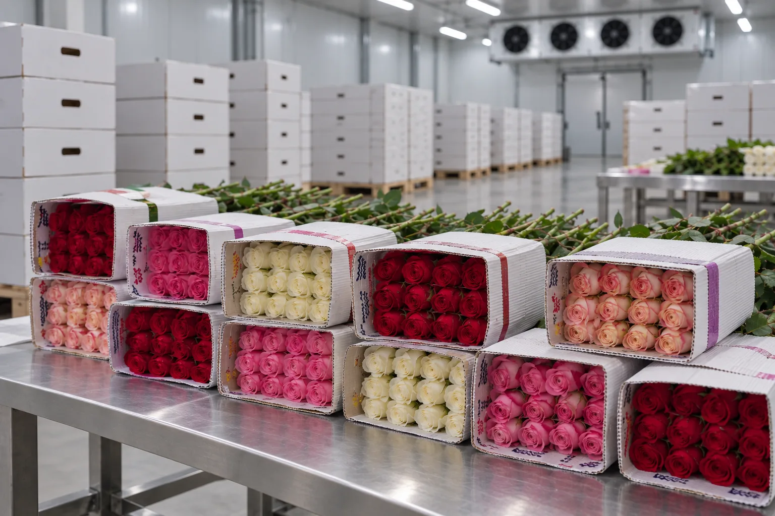 Cold room with stacks of white boxes and open boxes of roses on a steel table