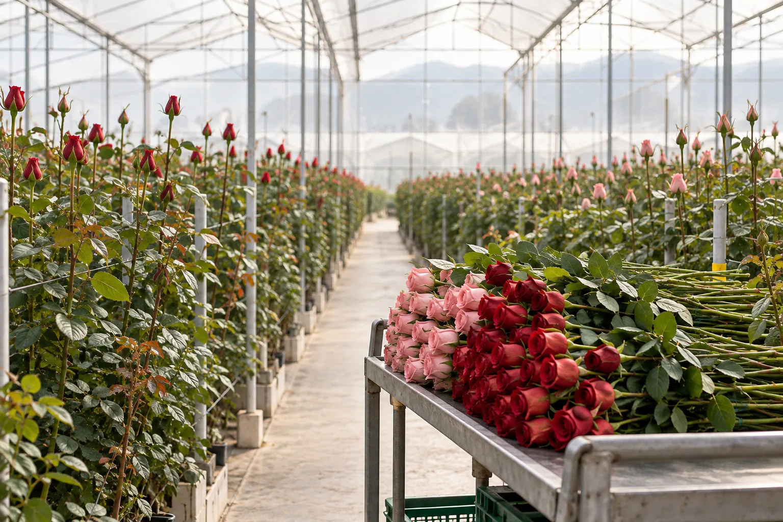 Bright greenhouse with rows of rose bushes and a cart of freshly cut red and pink roses