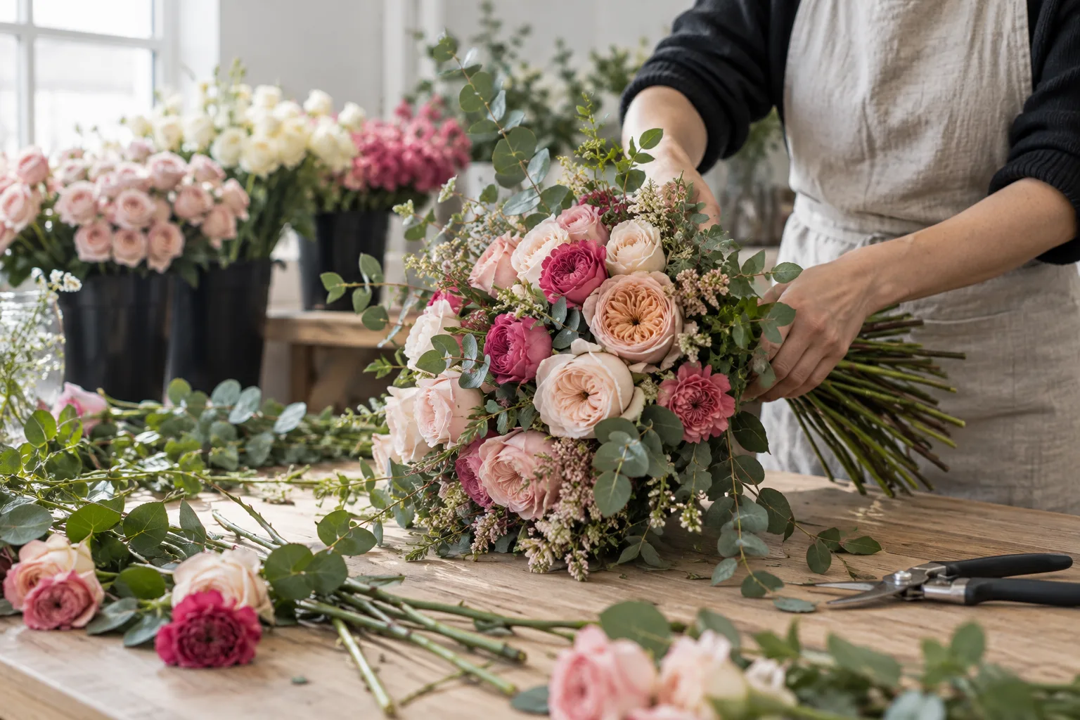 Florist's hands tying a bouquet on a wooden workbench, wearing a linen apron